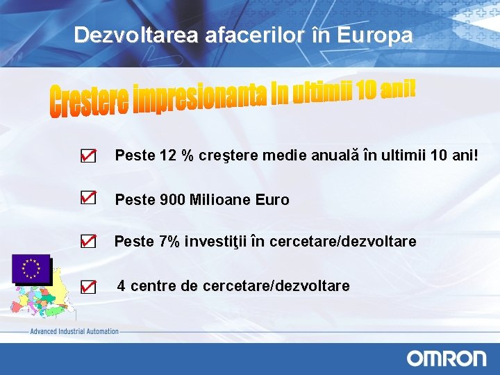 Dezvoltarea afacerilor în Europa Peste 12 % creştere medie anuală în ultimii 10 ani!