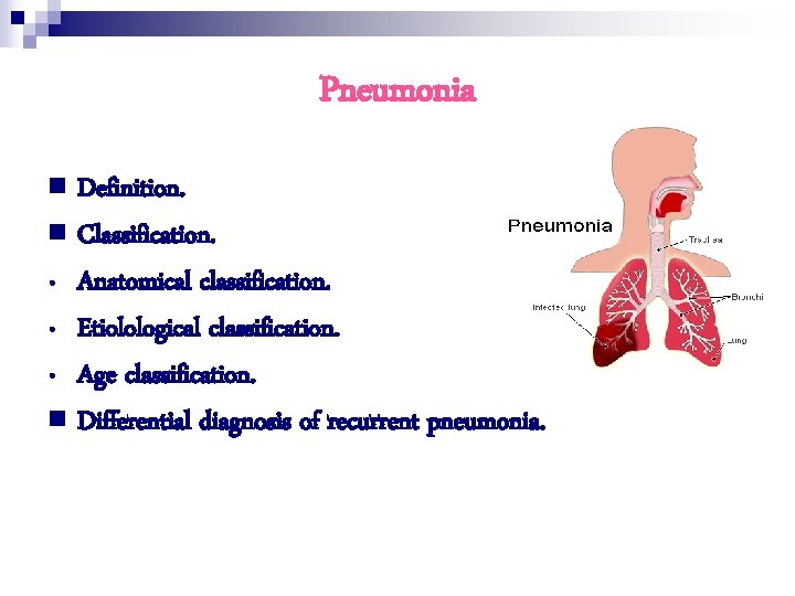 Pneumonia n Definition. n Classification. • Anatomical classification. • Etiolological classification. • Age classification.