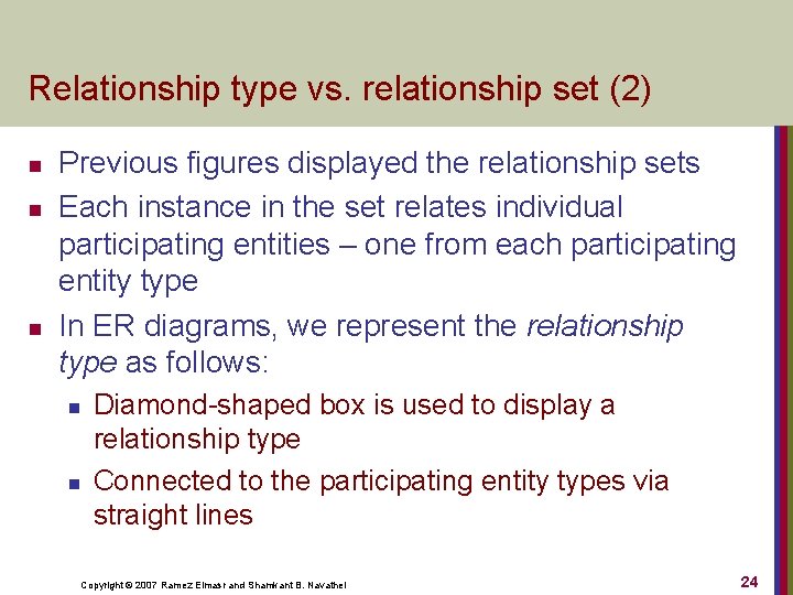 Relationship type vs. relationship set (2) n n n Previous figures displayed the relationship