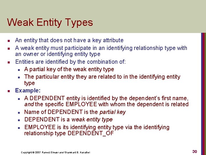 Weak Entity Types n n An entity that does not have a key attribute