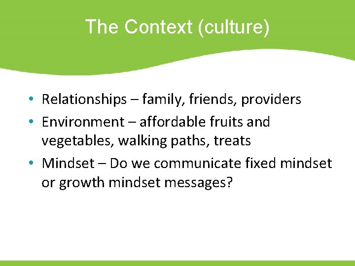 The Context (culture) • Relationships – family, friends, providers • Environment – affordable fruits