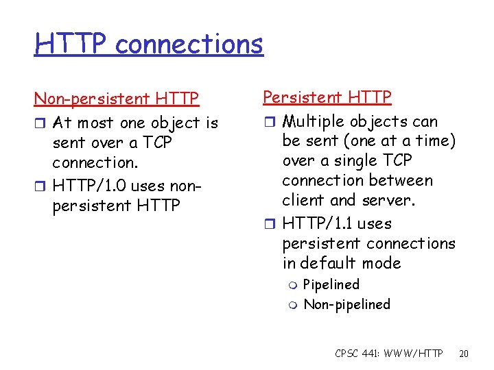 HTTP connections Non-persistent HTTP r At most one object is sent over a TCP