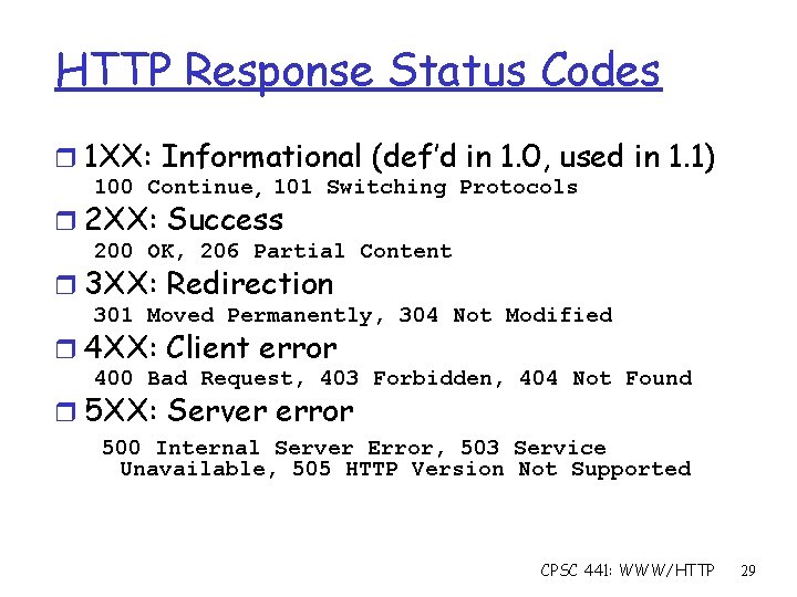 HTTP Response Status Codes r 1 XX: Informational (def’d in 1. 0, used in
