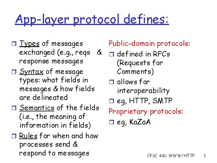 App-layer protocol defines: r Types of messages exchanged (e. g. , reqs & response