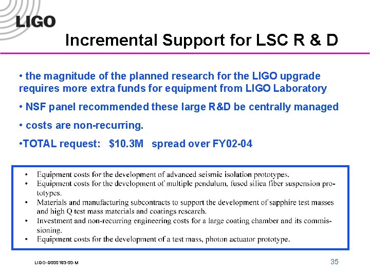 Incremental Support for LSC R & D • the magnitude of the planned research