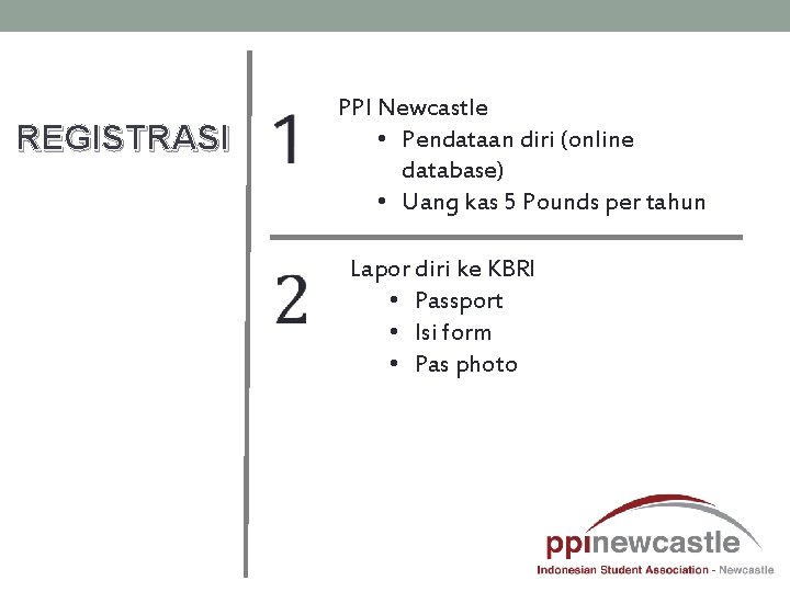  REGISTRASI PPI Newcastle • Pendataan diri (online database) • Uang kas 5 Pounds