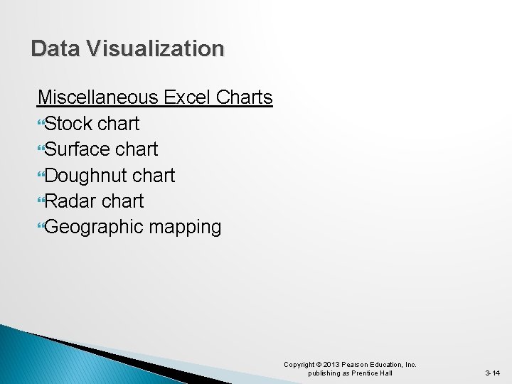 Data Visualization Miscellaneous Excel Charts Stock chart Surface chart Doughnut chart Radar chart Geographic