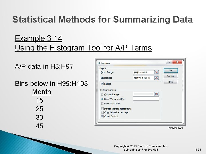 Statistical Methods for Summarizing Data Example 3. 14 Using the Histogram Tool for A/P