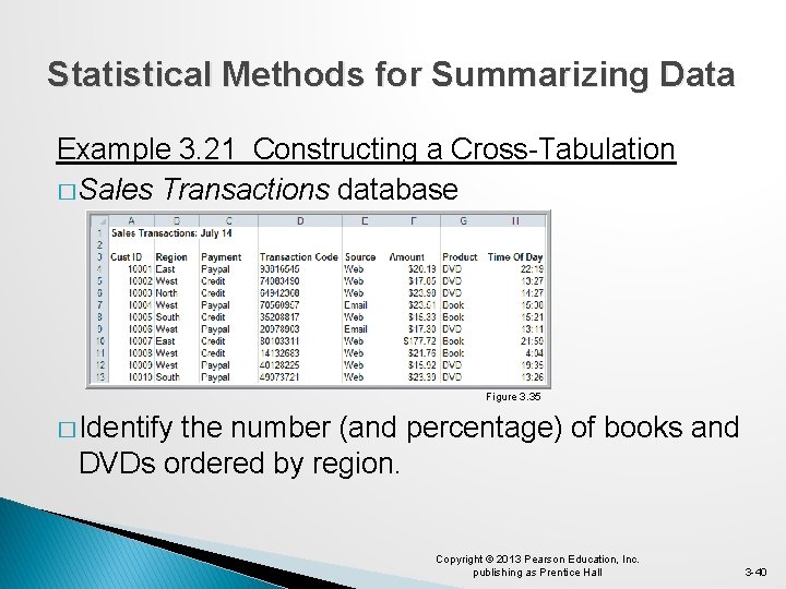 Statistical Methods for Summarizing Data Example 3. 21 Constructing a Cross-Tabulation � Sales Transactions