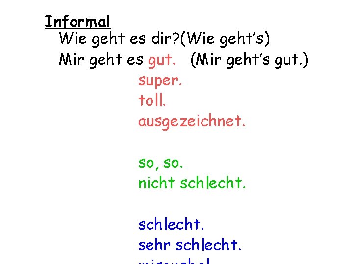 Informal Wie geht es dir? (Wie geht’s) Mir geht es gut. (Mir geht’s gut.