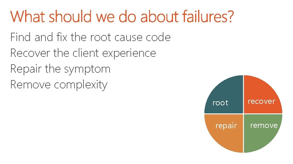 Find and fix the root cause code Recover the client experience Repair the symptom