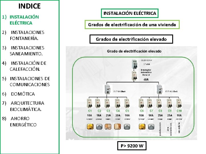 INDICE 1) INSTALACIÓN ELÉCTRICA 2) INSTALACIONES FONTANERÍA. INSTALACIÓN ELÉCTRICA Grados de electrificación de una