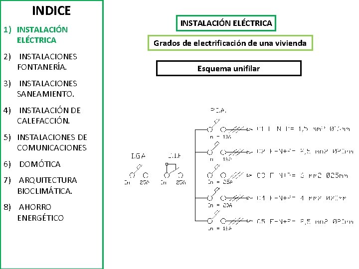 INDICE 1) INSTALACIÓN ELÉCTRICA 2) INSTALACIONES FONTANERÍA. 3) INSTALACIONES SANEAMIENTO. 4) INSTALACIÓN DE CALEFACCIÓN.