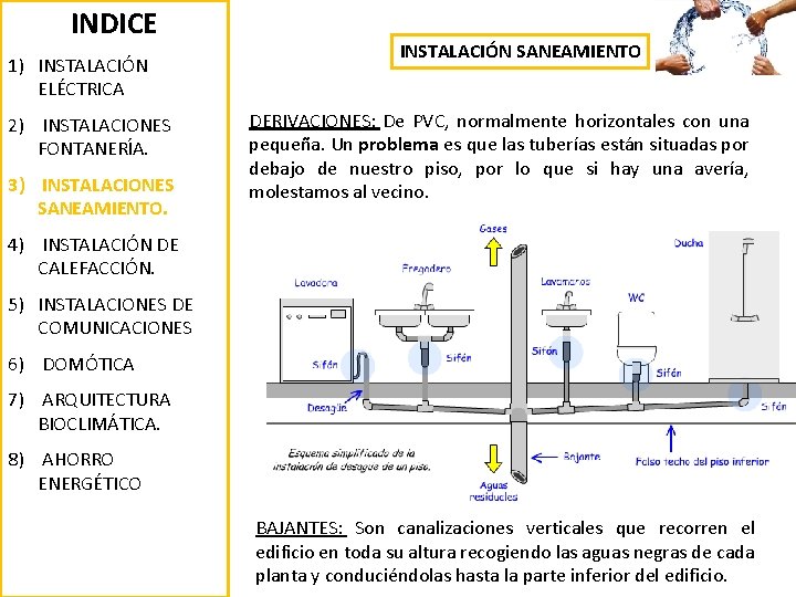 INDICE 1) INSTALACIÓN ELÉCTRICA 2) INSTALACIONES FONTANERÍA. 3) INSTALACIONES SANEAMIENTO. INSTALACIÓN SANEAMIENTO DERIVACIONES: De