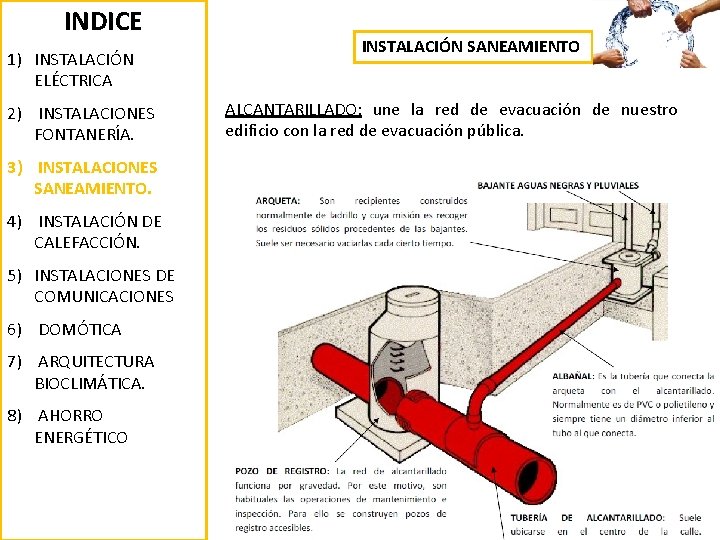 INDICE 1) INSTALACIÓN ELÉCTRICA 2) INSTALACIONES FONTANERÍA. 3) INSTALACIONES SANEAMIENTO. 4) INSTALACIÓN DE CALEFACCIÓN.