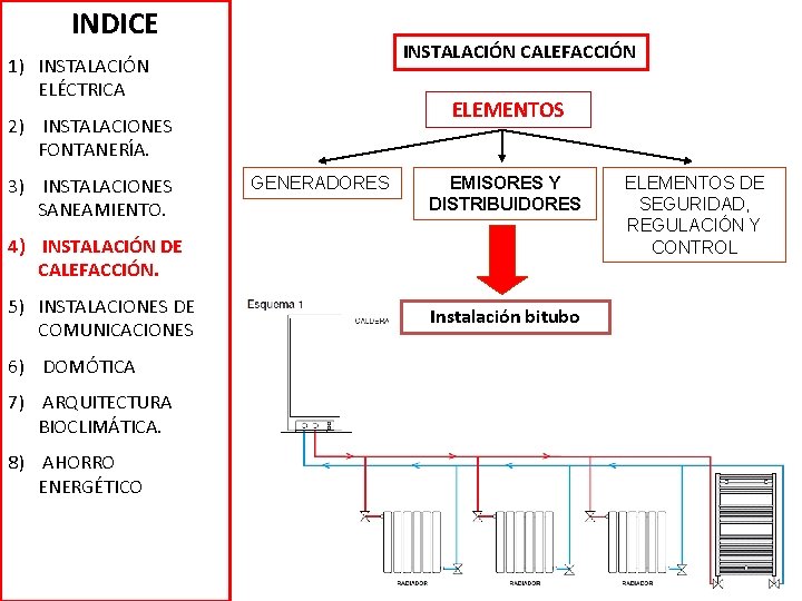 INDICE INSTALACIÓN CALEFACCIÓN 1) INSTALACIÓN ELÉCTRICA ELEMENTOS 2) INSTALACIONES FONTANERÍA. 3) INSTALACIONES SANEAMIENTO. GENERADORES