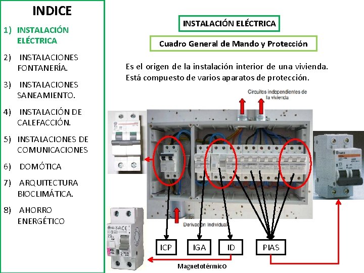 INDICE 1) INSTALACIÓN ELÉCTRICA 2) INSTALACIONES FONTANERÍA. 3) INSTALACIONES SANEAMIENTO. INSTALACIÓN ELÉCTRICA Cuadro General