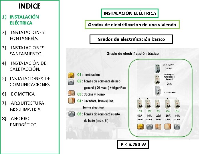 INDICE 1) INSTALACIÓN ELÉCTRICA 2) INSTALACIONES FONTANERÍA. INSTALACIÓN ELÉCTRICA Grados de electrificación de una