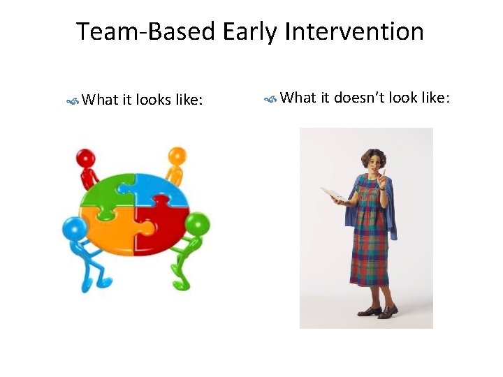 Team-Based Early Intervention What it looks like: What it doesn’t look like: 