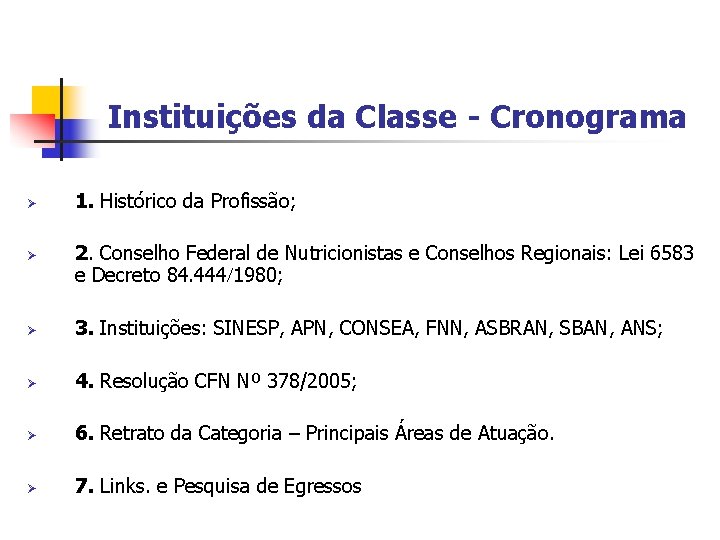 Instituições da Classe - Cronograma Ø Ø 1. Histórico da Profissão; 2. Conselho Federal