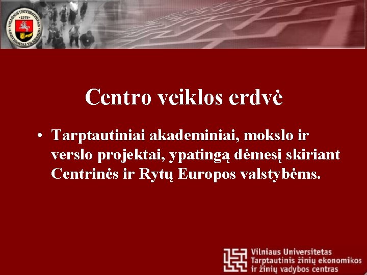 Centro veiklos erdvė • Tarptautiniai akademiniai, mokslo ir verslo projektai, ypatingą dėmesį skiriant Centrinės