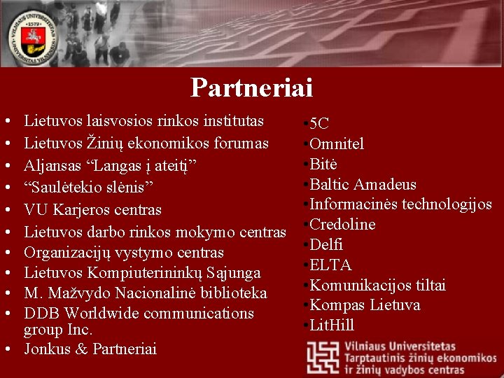 Partneriai • • • Lietuvos laisvosios rinkos institutas Lietuvos Žinių ekonomikos forumas Aljansas “Langas