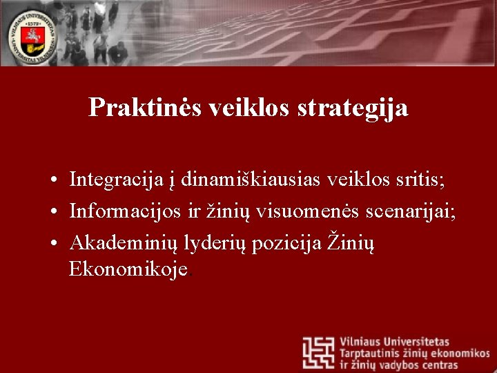 Praktinės veiklos strategija • Integracija į dinamiškiausias veiklos sritis; • Informacijos ir žinių visuomenės