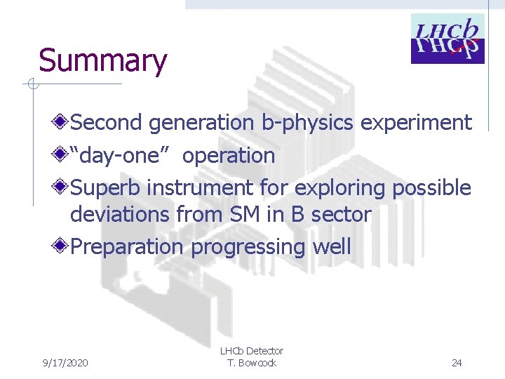 Summary Second generation b-physics experiment “day-one” operation Superb instrument for exploring possible deviations from