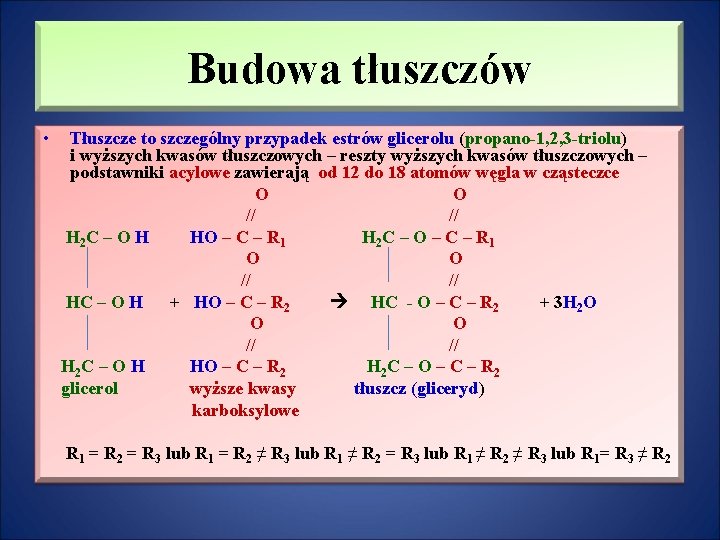 Budowa tłuszczów • Tłuszcze to szczególny przypadek estrów glicerolu (propano-1, 2, 3 -triolu) i