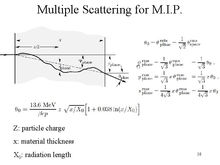 Multiple Scattering for M. I. P. Z: particle charge x: material thickness X 0: