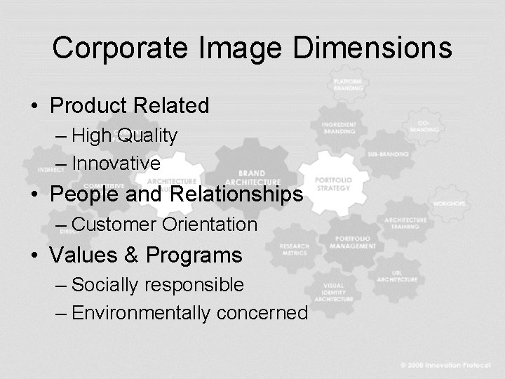 Corporate Image Dimensions • Product Related – High Quality – Innovative • People and