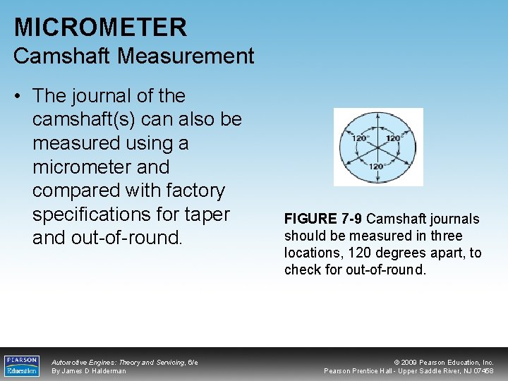 MICROMETER Camshaft Measurement • The journal of the camshaft(s) can also be measured using