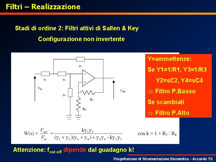 Filtri – Realizzazione Stadi di ordine 2: Filtri attivi di Sallen & Key Configurazione