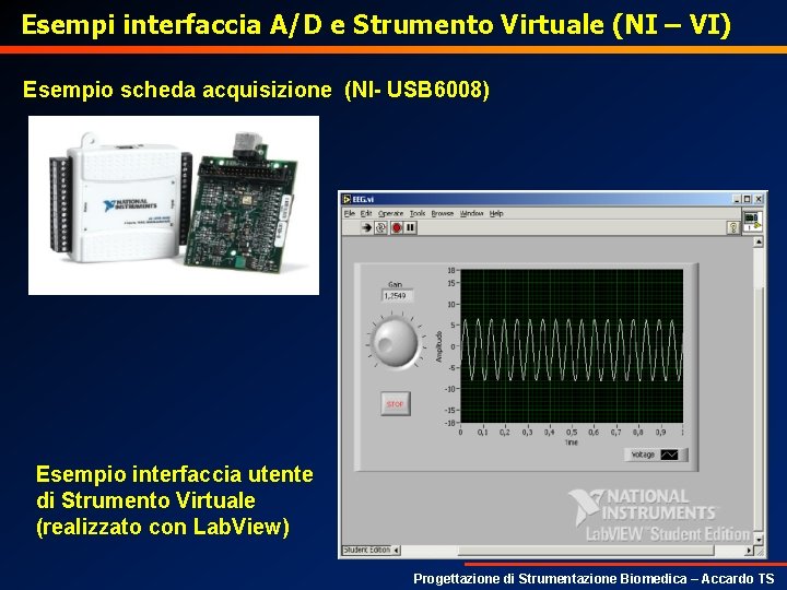 Esempi interfaccia A/D e Strumento Virtuale (NI – VI) Esempio scheda acquisizione (NI- USB