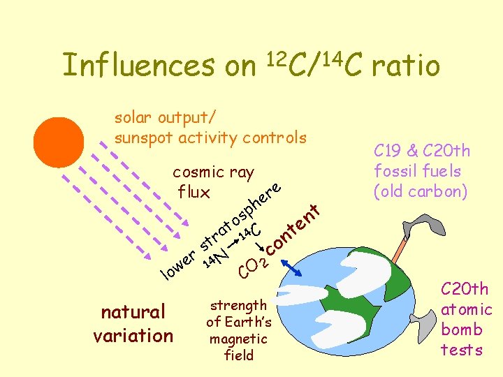Influences on 12 C/14 C solar output/ sunspot activity controls cosmic ray e flux
