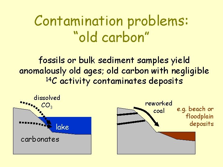 Contamination problems: “old carbon” fossils or bulk sediment samples yield anomalously old ages; old