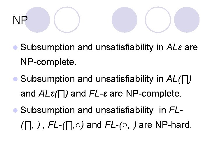NP l Subsumption and unsatisfiability in ALε are NP-complete. l Subsumption and unsatisfiability in