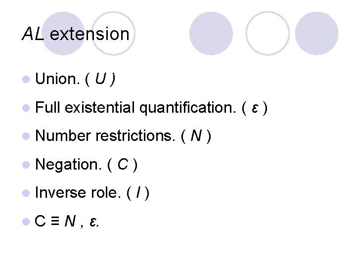 AL extension l Union. l Full (U) existential quantification. ( ε ) l Number