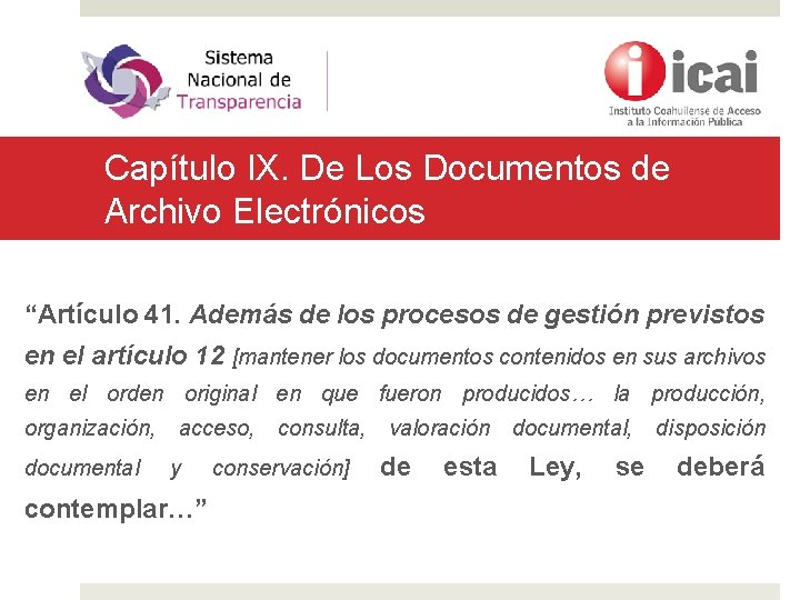 Capítulo IX. De Los Documentos de Archivo Electrónicos “Artículo 41. Además de los procesos