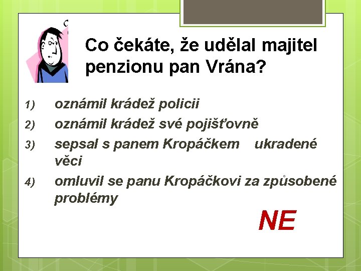 Co čekáte, že udělal majitel penzionu pan Vrána? 1) 2) 3) 4) oznámil krádež