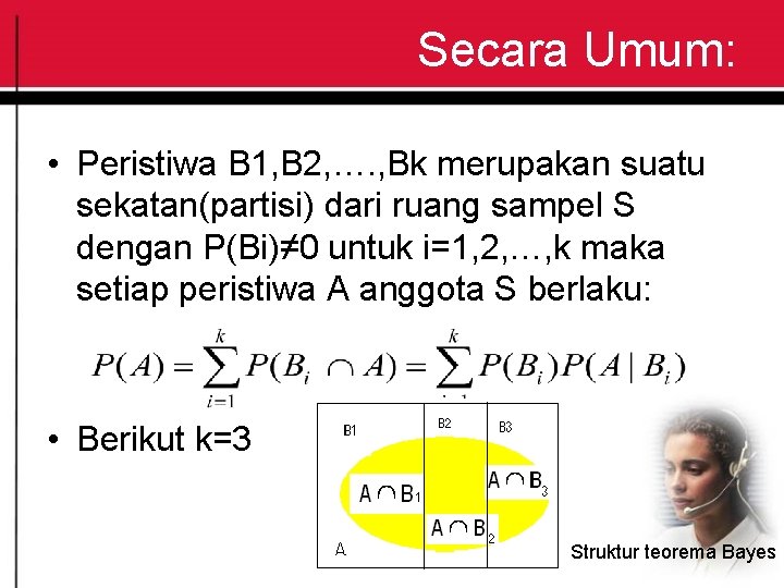 Secara Umum: • Peristiwa B 1, B 2, …. , Bk merupakan suatu sekatan(partisi)