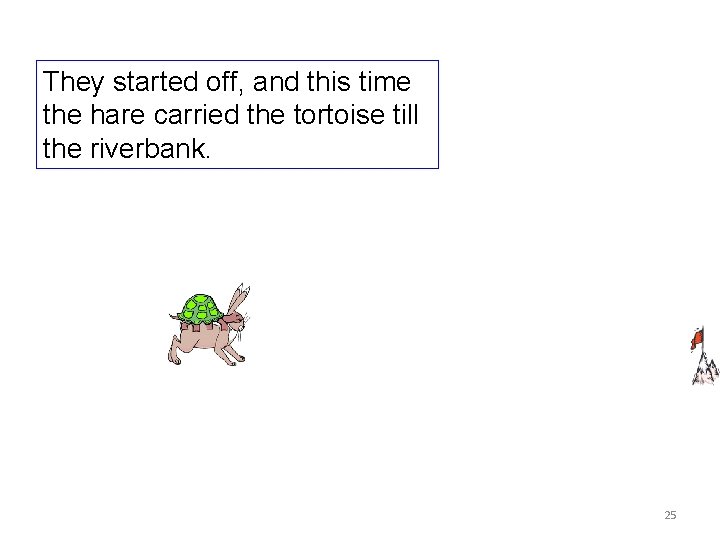 They started off, and this time the hare carried the tortoise till the riverbank.