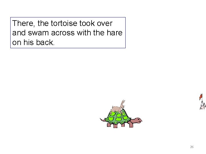 There, the tortoise took over and swam across with the hare on his back.