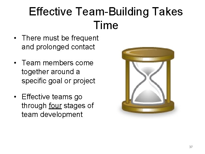 Effective Team-Building Takes Time • There must be frequent and prolonged contact • Team