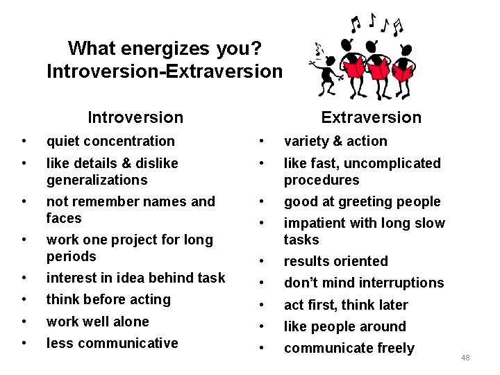 What energizes you? Introversion-Extraversion Introversion Extraversion • quiet concentration • variety & action •