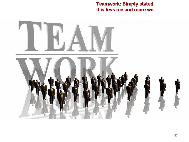Teamwork: Simply stated, it is less me and more we. 57 