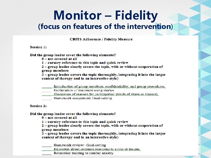 Monitor – Fidelity (focus on features of the intervention) 