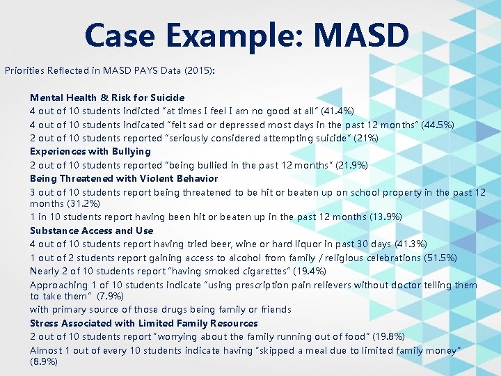 Case Example: MASD Priorities Reflected in MASD PAYS Data (2015): Mental Health & Risk