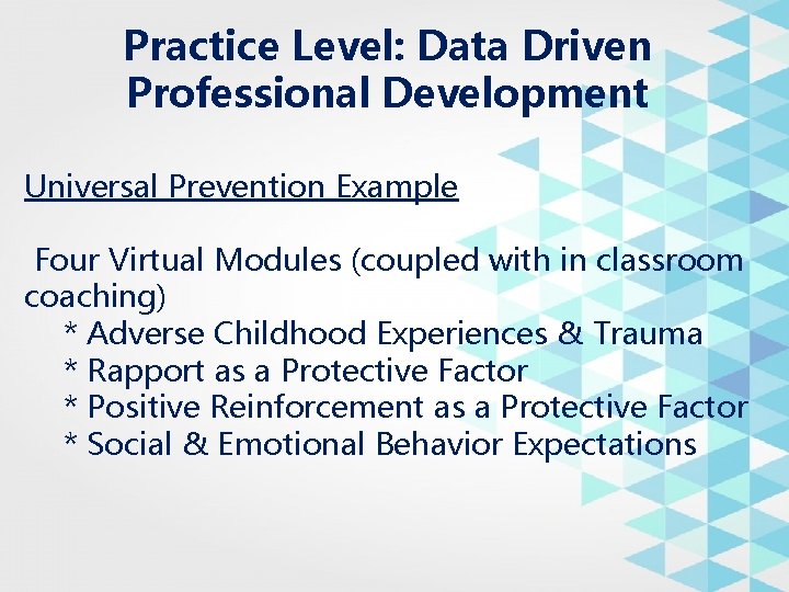 Practice Level: Data Driven Professional Development Universal Prevention Example Four Virtual Modules (coupled with