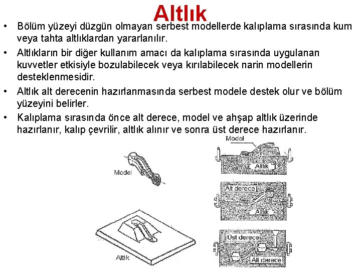  • Altlık Bölüm yüzeyi düzgün olmayan serbest modellerde kalıplama sırasında kum veya tahta